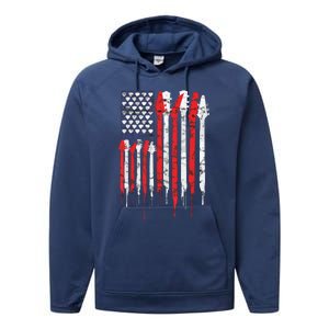 American Flag Guitar Red White Patriotic Music Lover Performance Fleece Hoodie