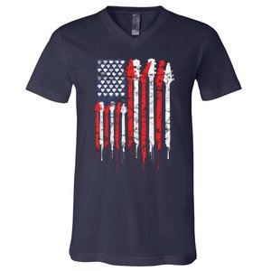 American Flag Guitar Red White Patriotic Music Lover V-Neck T-Shirt