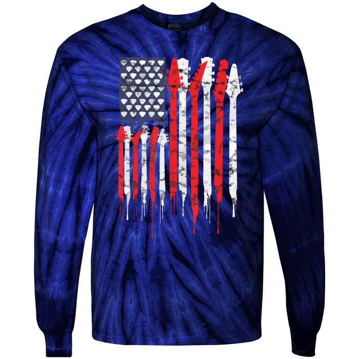 American Flag Guitar Red White Patriotic Music Lover Tie-Dye Long Sleeve Shirt