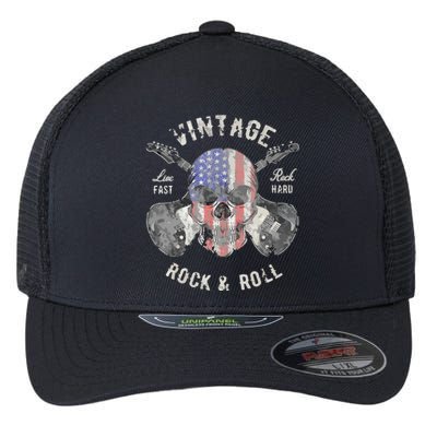 American Flag Guitar Vintage Rock And Roll Skull Guitarist Flexfit Unipanel Trucker Cap