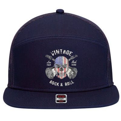 American Flag Guitar Vintage Rock And Roll Skull Guitarist 7 Panel Mesh Trucker Snapback Hat