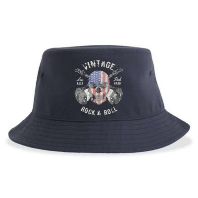 American Flag Guitar Vintage Rock And Roll Skull Guitarist Sustainable Bucket Hat