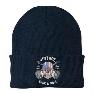 American Flag Guitar Vintage Rock And Roll Skull Guitarist Knit Cap Winter Beanie