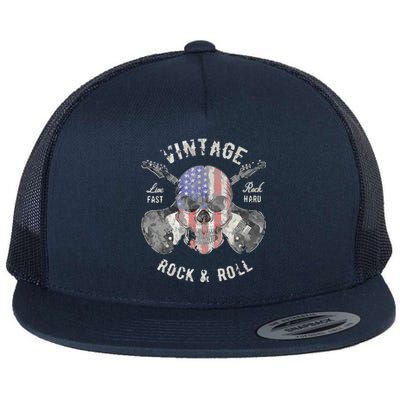 American Flag Guitar Vintage Rock And Roll Skull Guitarist Flat Bill Trucker Hat