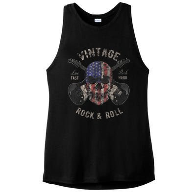 American Flag Guitar Vintage Rock and Roll Skull Guitarist Ladies PosiCharge Tri-Blend Wicking Tank