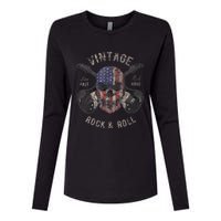 American Flag Guitar Vintage Rock and Roll Skull Guitarist Womens Cotton Relaxed Long Sleeve T-Shirt