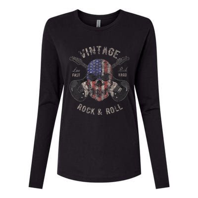 American Flag Guitar Vintage Rock and Roll Skull Guitarist Womens Cotton Relaxed Long Sleeve T-Shirt