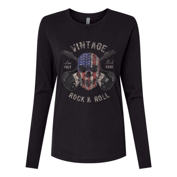 American Flag Guitar Vintage Rock and Roll Skull Guitarist Womens Cotton Relaxed Long Sleeve T-Shirt