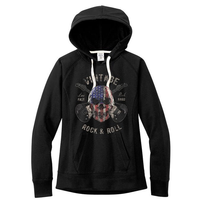 American Flag Guitar Vintage Rock and Roll Skull Guitarist Women's Fleece Hoodie