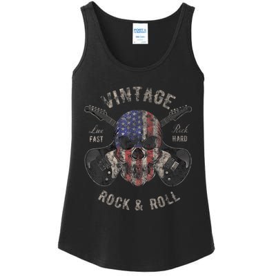 American Flag Guitar Vintage Rock and Roll Skull Guitarist Ladies Essential Tank