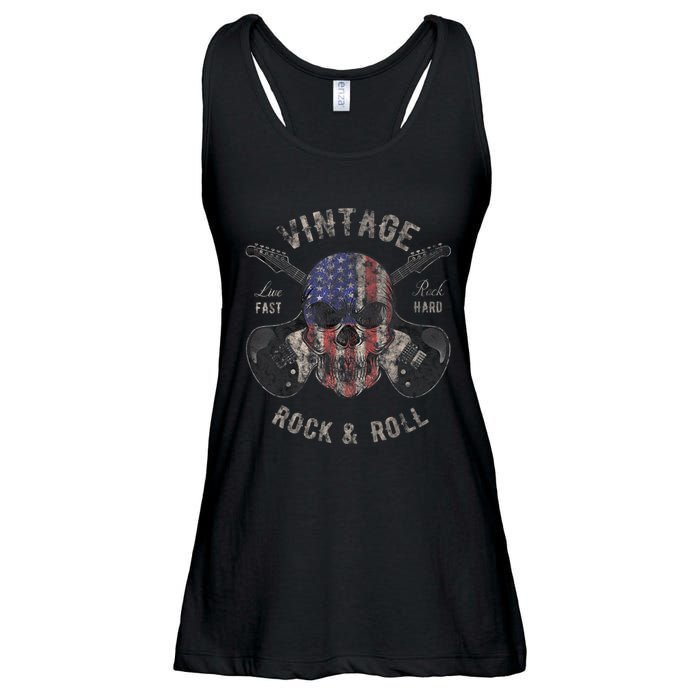 American Flag Guitar Vintage Rock and Roll Skull Guitarist Ladies Essential Flowy Tank