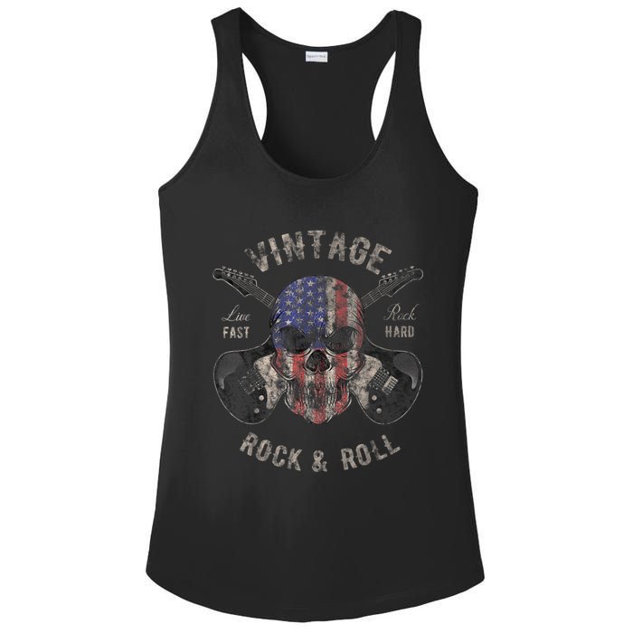 American Flag Guitar Vintage Rock and Roll Skull Guitarist Ladies PosiCharge Competitor Racerback Tank