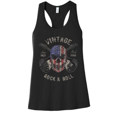 American Flag Guitar Vintage Rock and Roll Skull Guitarist Women's Racerback Tank