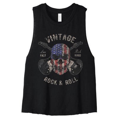 American Flag Guitar Vintage Rock and Roll Skull Guitarist Women's Racerback Cropped Tank