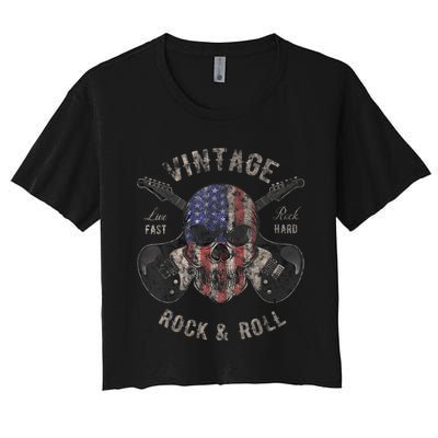 American Flag Guitar Vintage Rock and Roll Skull Guitarist Women's Crop Top Tee