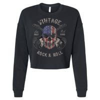 American Flag Guitar Vintage Rock and Roll Skull Guitarist Cropped Pullover Crew