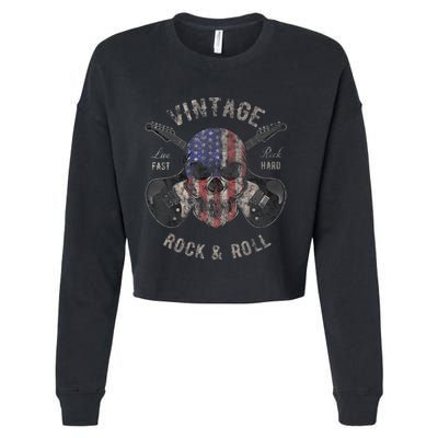 American Flag Guitar Vintage Rock and Roll Skull Guitarist Cropped Pullover Crew