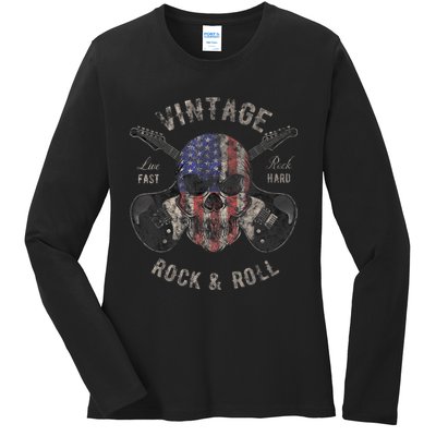 American Flag Guitar Vintage Rock and Roll Skull Guitarist Ladies Long Sleeve Shirt