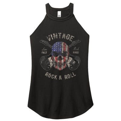 American Flag Guitar Vintage Rock and Roll Skull Guitarist Women's Perfect Tri Rocker Tank