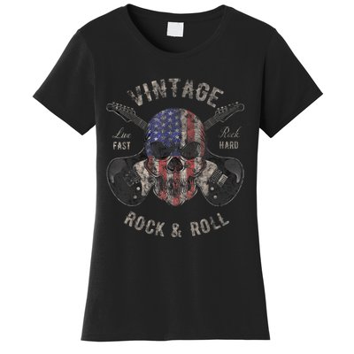 American Flag Guitar Vintage Rock and Roll Skull Guitarist Women's T-Shirt