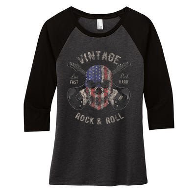 American Flag Guitar Vintage Rock and Roll Skull Guitarist Women's Tri-Blend 3/4-Sleeve Raglan Shirt