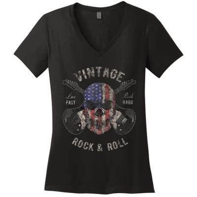 American Flag Guitar Vintage Rock and Roll Skull Guitarist Women's V-Neck T-Shirt