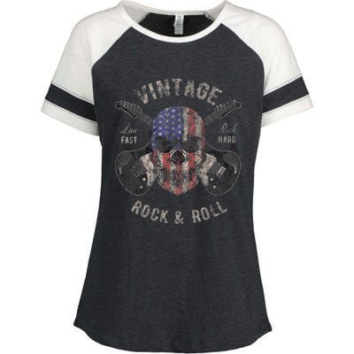 American Flag Guitar Vintage Rock and Roll Skull Guitarist Enza Ladies Jersey Colorblock Tee