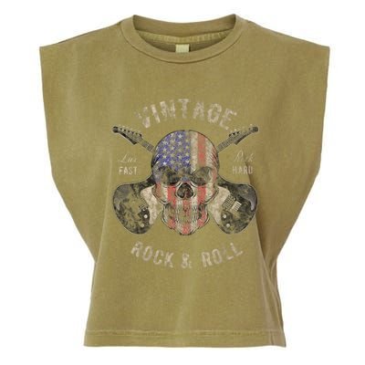 American Flag Guitar Vintage Rock and Roll Skull Guitarist Garment-Dyed Women's Muscle Tee