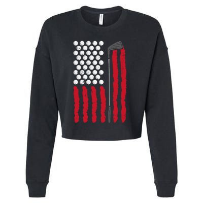 American Flag Golf Balls And Club Vintage Golfing Golfer Cropped Pullover Crew