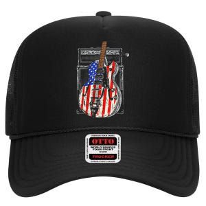 American Flag Guitar 4th Of July Guitarist Usa Country Music High Crown Mesh Back Trucker Hat