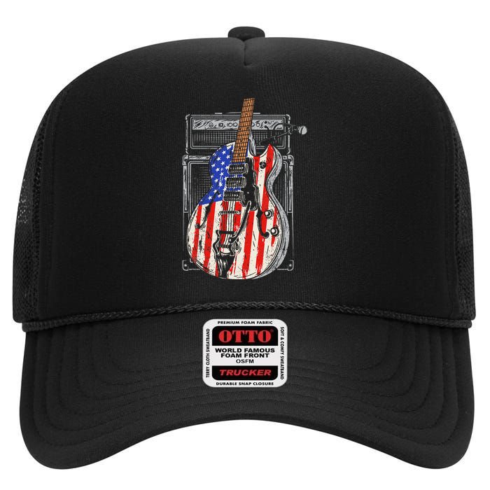 American Flag Guitar 4th Of July Guitarist Usa Country Music High Crown Mesh Back Trucker Hat