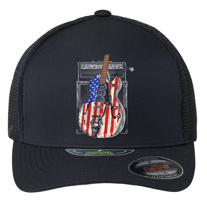 American Flag Guitar 4th Of July Guitarist Usa Country Music Flexfit Unipanel Trucker Cap