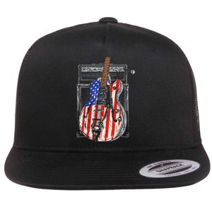 American Flag Guitar 4th Of July Guitarist Usa Country Music Flat Bill Trucker Hat