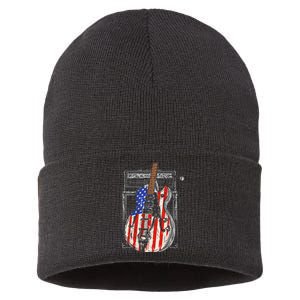 American Flag Guitar 4th Of July Guitarist Usa Country Music Sustainable Knit Beanie