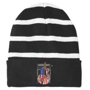 American Flag Guitar 4th Of July Guitarist Usa Country Music Striped Beanie with Solid Band