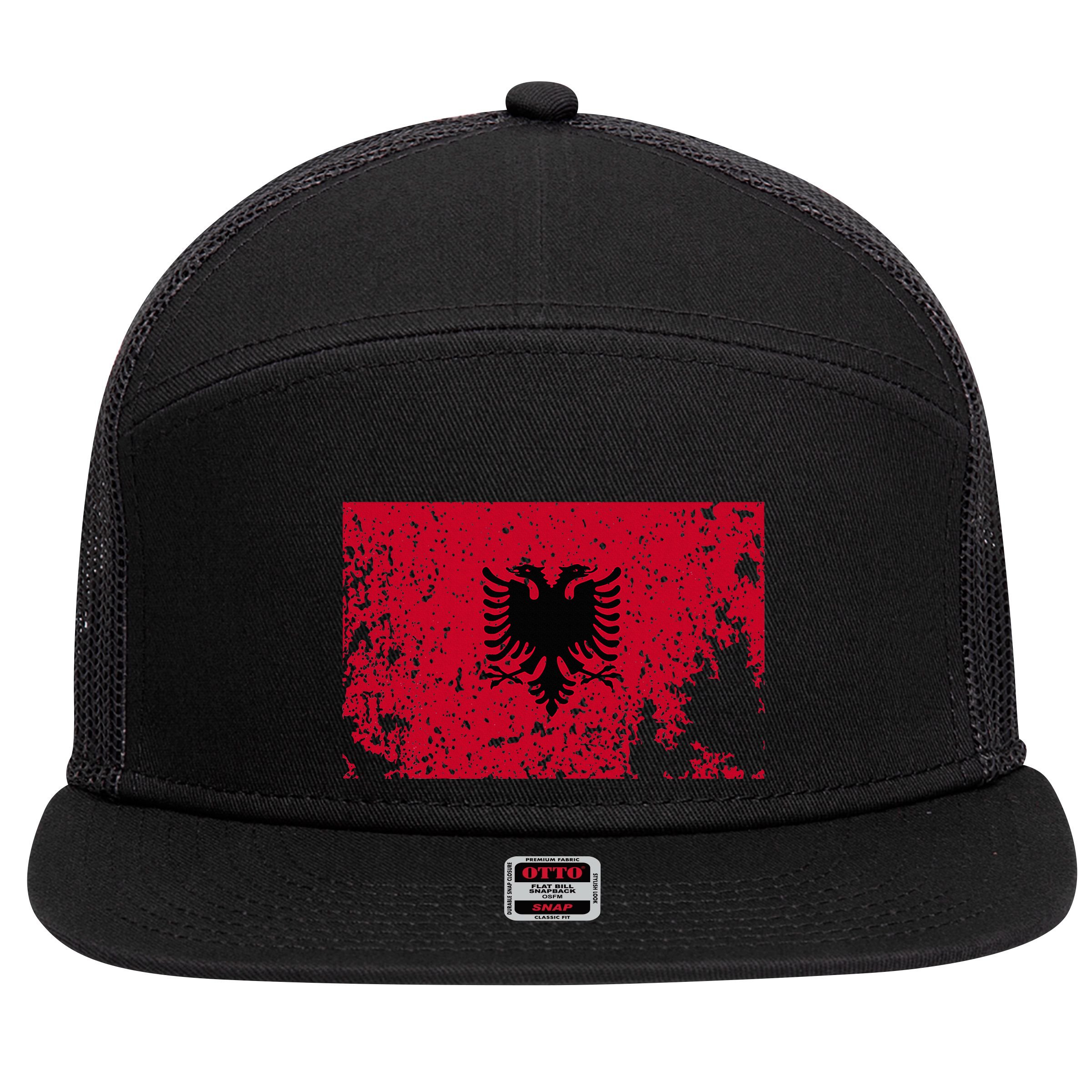 Albania Flag Grunge Albanian Flag Patriotic 7 Panel Mesh Trucker Snapback Hat