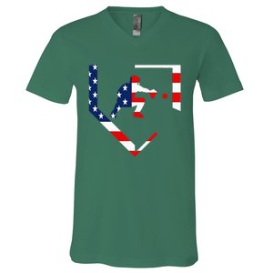 American Flag Graphic Baseball Catcher Gear Baseballin V-Neck T-Shirt