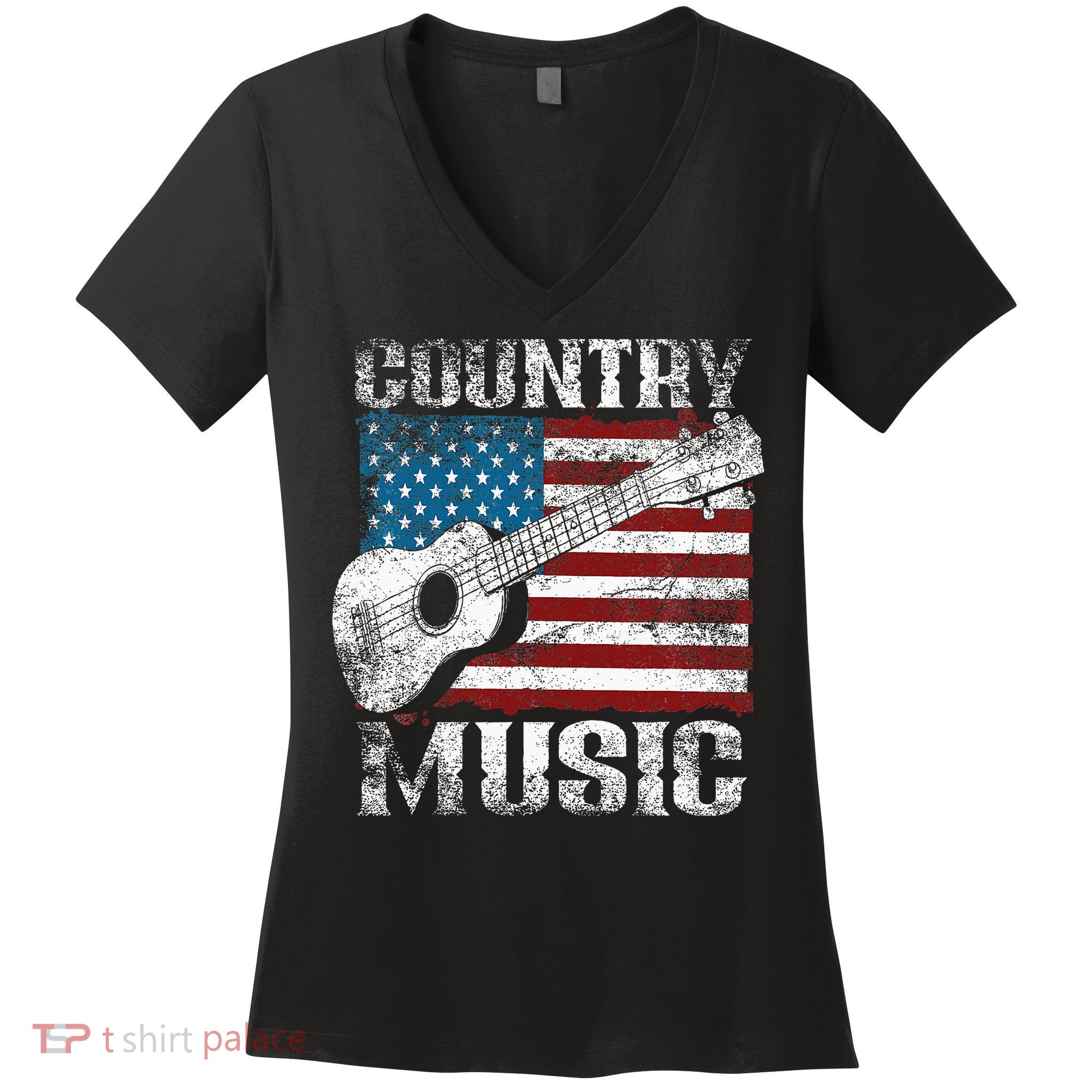 American Flag Guitar Player Funny Country Music Lover Women's V-Neck T-Shirt