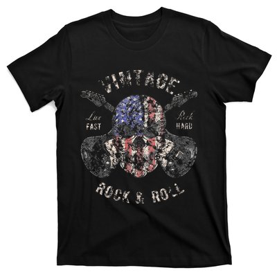 American Flag Guitar Vintage Rock and Roll Skull Guitarist  T-Shirt