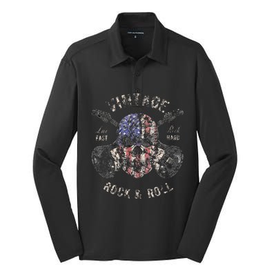 American Flag Guitar Vintage Rock and Roll Skull Guitarist  Silk Touch Performance Long Sleeve Polo