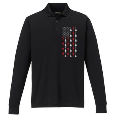 American Flag Guitar 4th Of July Vintage Patriotic Guitarist Performance Long Sleeve Polo