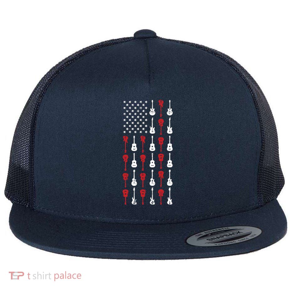 American Flag Guitar 4th Of July Vintage Patriotic Guitarist Flatbill Hat