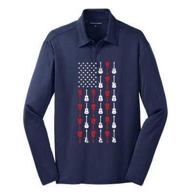 American Flag Guitar 4th Of July Vintage Patriotic Guitarist Silk Touch Performance Long Sleeve Polo