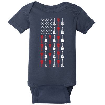American Flag Guitar 4th Of July Vintage Patriotic Guitarist Baby Bodysuit
