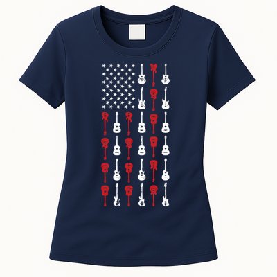 American Flag Guitar 4th Of July Vintage Patriotic Guitarist Womens T-Shirt