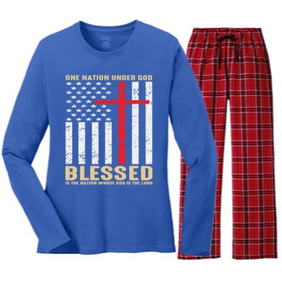 American Flag Gift One Nation Under God Great Gift Women's Long Sleeve Flannel Pajama Set 