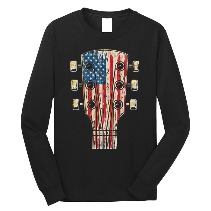 American Flag Guitar 4th Of July Guitarist Usa Country Music Long Sleeve Shirt