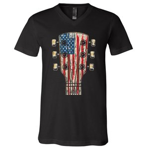 American Flag Guitar 4th Of July Guitarist Usa Country Music V-Neck T-Shirt