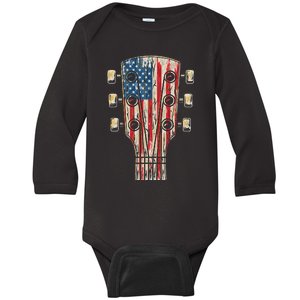 American Flag Guitar 4th Of July Guitarist Usa Country Music Baby Long Sleeve Bodysuit