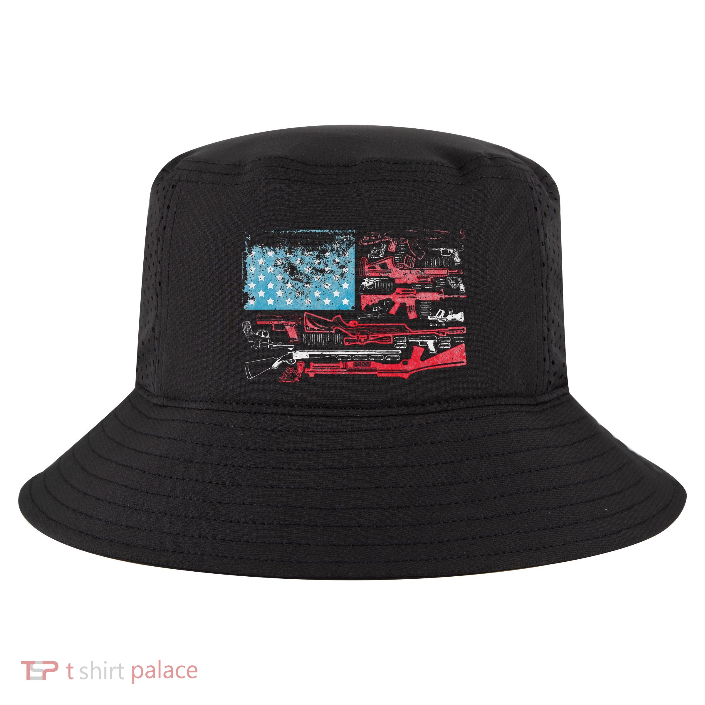 American Flag Guns Riffles Bullets Us Flag Weapon Ammo Lover Cool Comfort Performance Bucket Hat